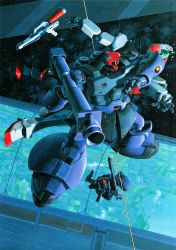 Rule 34 | 1980s (style), absurdres, beam gun, broken glass, dom (mobile suit), elbowing, fighting, floating, glass, gm command, gundam, gundam 0080, highres, holding, holding weapon, kaida yuji, landscape, m1 bazooka, mecha, no humans, official art, oldschool, retro artstyle, rick dom ii, robot, rocket launcher, space, star (sky), weapon