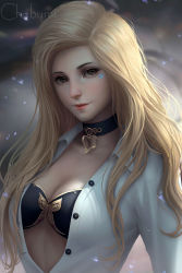 Rule 34 | 1girl, artist name, bikini, blade &amp; soul, blonde hair, breasts, brown eyes, bug, butterfly, choker, chuby mi, cleavage, closed mouth, highres, insect, lips, long hair, looking at viewer, open clothes, open shirt, shirt, solo, swimsuit, upper body