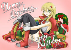 Rule 34 | 1girl, absurdres, alternate color, arc system works, artist request, birthday, blazblue, blonde hair, blush, boots, capelet, christmas, gloves, green eyes, hair ornament, happy birthday, highres, long hair, noel vermillion, open mouth, parted lips, sitting, skirt, smile, solo, thighhighs