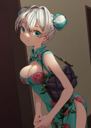 Rule 34 | 1girl, aduo, aqua dress, aqua eyes, bag, bare shoulders, blush, breasts, china dress, chinese clothes, cleavage, cleavage cutout, closed mouth, clothing cutout, cowboy shot, double bun, dress, floral print, hair bun, hair intakes, highres, indoors, leaning forward, looking at viewer, medium breasts, original, own hands together, pelvic curtain, print dress, short hair, shoulder bag, sleeveless, sleeveless dress, solo