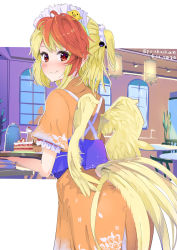 Rule 34 | 1girl, alternate costume, alternate hairstyle, animal, animal on head, bird, bird on head, bird tail, bird wings, blonde hair, blush, cake, cake slice, ceiling light, chair, chick, coffee pot, commentary request, cowboy shot, dated, day, dress, feathered wings, food, from behind, highres, holding, holding tray, indoors, looking at viewer, looking back, maid, maid headdress, multicolored hair, niwatari kutaka, obi, on head, orange dress, partial commentary, puuakachan, red eyes, red hair, restaurant, sash, short hair, short ponytail, short sleeves, smile, solo, standing, strawberry shortcake, table, tail, touhou, tray, twitter username, two-tone hair, wa maid, waitress, window, wings