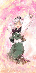 Rule 34 | 1girl, :d, absurdres, arms up, cherry blossoms, closed eyes, female focus, hairband, happy, highres, kneeling, konpaku youmu, nanaroku (fortress76), o/, open mouth, outstretched arms, petals, short hair, smile, solo, touhou, vest, white hair
