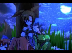 Rule 34 | 3girls, against tree, animal ears, blue hair, blush, bow, breasts, desukingu, disembodied head, dress, fins, full moon, g (genesis1556), hair bow, head fins, imaizumi kagerou, inugami-ke no ichizoku pose, japanese clothes, kimono, large breasts, leaning on person, leaning to the side, letterboxed, long hair, mermaid, monster girl, moon, multiple girls, night, one eye closed, red eyes, red hair, sekibanki, short hair, side-by-side, sitting, sleeping, sleeping on person, tail, touhou, tree, wakasagihime, wink, wolf ears, wolf tail