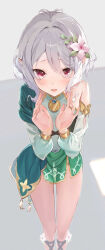 Rule 34 | 1girl, asymmetrical clothes, commentary request, covered navel, detached sleeves, dress, feet out of frame, flower, green dress, grey hair, hair between eyes, hair flower, hair ornament, hands up, highres, jewelry, jpeg artifacts, kokkoro (princess connect!), light blush, long sleeves, looking at viewer, mikanagi yuri, open mouth, pink eyes, pointy ears, princess connect!, ring, see-through, see-through sleeves, short hair, solo