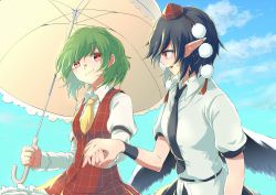 Rule 34 | 2girls, ascot, bird wings, black hair, black neckwear, black wings, blue sky, cloud, collared shirt, commentary request, day, feathered wings, green hair, hat, highres, holding, holding hands, holding umbrella, juliet sleeves, kazami yuuka, long sleeves, looking at another, multiple girls, necktie, open mouth, plaid, plaid vest, pointy ears, pom pom (clothes), puffy sleeves, red eyes, red hat, retora, shameimaru aya, shirt, short hair, short sleeves, sky, smile, tokin hat, touhou, umbrella, vest, wings, yellow neckwear