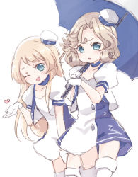 Rule 34 | 2girls, alternate costume, beret, blonde hair, blue eyes, blue umbrella, boots, cowboy shot, cropped jacket, dress, gloves, hat, jacket, janus (kancolle), jervis (kancolle), kantai collection, long hair, matching outfits, miko (35nikomi), multiple girls, one eye closed, parted bangs, race queen, short hair, simple background, thigh boots, thighhighs, two-tone dress, umbrella, white background, white dress, white gloves, white headwear, white jacket, white thighhighs