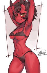 Rule 34 | 1girl, bikini, black bikini, breasts, brown hair, closed mouth, colored skin, cowboy shot, fang, fang out, grin, arms up, hands up, horns, kidouko (zakusi), looking at viewer, medium breasts, navel, oni, original, red oni, red skin, short hair, signature, smile, solo, standing, swimsuit, yellow eyes, zakusi