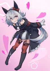 Rule 34 | 1girl, absurdres, animal ears, bare shoulders, black dress, black footwear, boots, bow, breasts, commentary, curren chan (umamusume), danboru (jdanboru1182), dress, ear bow, ear covers, gloves, grey hair, grin, heart, highres, horse ears, horse girl, horse tail, long sleeves, looking at viewer, medium breasts, pink background, purple eyes, red bow, red thighhighs, sleeveless, sleeveless dress, smile, solo, striped clothes, striped dress, tail, thighhighs, umamusume, white gloves