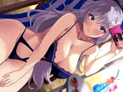 Rule 34 | 1girl, azur lane, beach chair, breasts, cleavage, clothing cutout, curvy, highres, jewelry, large breasts, legs together, lips, navel, navel cutout, necklace, official alternate costume, one-piece swimsuit, purple one-piece swimsuit, selfie, smile, solo, sunglasses, swimsuit, thigh gap, thighs, vittorio veneto (azur lane), vittorio veneto (the flower of la spezia) (azur lane), wee (weeyy), white hair