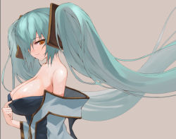 Rule 34 | 1girl, aqua hair, bare shoulders, breasts, brown background, brown eyes, chun (friendly sky), cleavage, hair over one eye, huge breasts, league of legends, long hair, looking at viewer, simple background, smile, solo, sona (league of legends), very long hair, wet