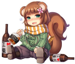 Rule 34 | 1girl, alcohol, animal ears, bad id, bad pixiv id, boots, bottle, brown hair, character request, flower, green eyes, hair flower, hair ornament, highres, kurito, open mouth, peropero saimin, peroperoairu, personification, sake, scarf, simple background, solo, squirrel tail, sweater, tail, translation request