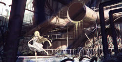 Rule 34 | 1girl, backlighting, bare arms, bare shoulders, barefoot, blonde hair, breasts, closed eyes, closed mouth, commentary request, dancing, day, dress, highres, hironii (hirofactory), industrial pipe, long hair, moss, original, outdoors, overgrown, ripples, roots, ruins, see-through silhouette, sleeveless, sleeveless dress, small breasts, smile, solo, standing, standing on one leg, sunlight, tiptoes, very long hair, water, white dress