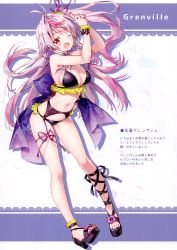 Rule 34 | 1girl, ;d, absurdres, alternate costume, antenna hair, arms up, azur lane, bare arms, bare shoulders, bikini, black bikini, black footwear, black ribbon, bracelet, breasts, character name, cleavage, drop shadow, finger gun, floating hair, full body, grenville (azur lane), streaked hair, highres, index finger raised, interlocked fingers, jewelry, large breasts, leg ribbon, long hair, multicolored hair, nail polish, navel, one eye closed, one side up, open mouth, own hands together, pink hair, purple nails, purple ribbon, red eyes, ribbon, riichu, sandals, scan, silver hair, smile, stomach, swimsuit, thighs, two-tone hair
