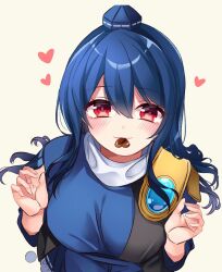 Rule 34 | 1girl, armor, blue dress, blue hair, blush, breasts, candy, chocolate, chocolate heart, commentary request, dark blue hair, dress, food, food in mouth, hair between eyes, hands up, hat, heart, highres, iizunamaru megumu, large breasts, light smile, long hair, looking at viewer, meimei (meimei89008309), mouth hold, pauldrons, red eyes, shoulder armor, simple background, single pauldron, sleeves past elbows, solo, spoken heart, tokin hat, touhou, upper body, valentine, waistcoat, white background