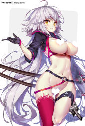 Rule 34 | 1girl, ahoge, black gloves, black jacket, border, breasts, censored, censored nipples, choker, cleavage, commentary request, cropped jacket, fate/grand order, fate (series), female pubic hair, gloves, grey background, heart, heart censor, hip focus, hong (white spider), jacket, jeanne d&#039;arc alter (swimsuit berserker) (fate), jeanne d&#039;arc (fate), jeanne d&#039;arc alter (fate), jeanne d&#039;arc alter (swimsuit berserker) (fate), katana, large breasts, long hair, looking at viewer, navel, nude, parted lips, pubic hair, red thighhighs, shrug (clothing), silver hair, single thighhigh, smile, solo, swimsuit, sword, thigh strap, thighhighs, weapon, white border, yellow eyes