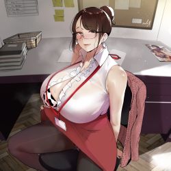 Rule 34 | 1girl, absurdres, animal print, bare shoulders, blush, book, breasts, brown eyes, brown hair, center frills, chair, cleavage, collared shirt, cow print, frills, glasses, highres, huge breasts, id card, looking at viewer, mature female, namhorm (puzenketsu), open clothes, open shirt, original, panties, panty peek, pantyhose, pencil skirt, puzenketsu, shirt, sitting, skirt, smile, solo, steam, sweater, table, teacher, underwear, wooden floor