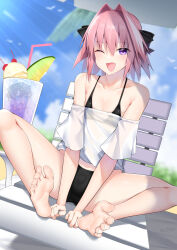 Rule 34 | 1boy, astolfo (fate), bare legs, bare shoulders, barefoot, beach, bikini, bow, bulge, fang, fate/grand order, fate (series), feet, hair bow, happy, highres, kitajima yuuki, legs, looking at viewer, male focus, multicolored hair, off-shoulder shirt, off shoulder, one eye closed, open mouth, pink hair, purple eyes, sand, shirt, sitting, skin fang, smile, soles, solo, spread toes, streaked hair, swimsuit, toe scrunch, toenails, toes, trap, white hair