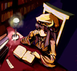 Rule 34 | 1girl, atoshi, book, bookmark, crescent hat ornament, female focus, hat, hat ornament, indoors, long hair, open book, patchouli knowledge, purple eyes, purple hair, reading, sitting, solo, touhou
