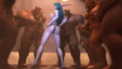 Rule 34 | 1girl, 3d, 5boys, animated, ass, ass grab, barefoot, breasts, colored skin, completely nude, erection, eyebrows, fingernails, from behind, full body, glowing, glowing eyes, grabbing own ass, hand on own hip, highres, lips, long hair, long pointy ears, looking back, male masturbation, masturbation, medium breasts, multiple boys, nail polish, nipples, nude, parted lips, penis, pointy ears, spread legs, standing, tagme, testicles, video