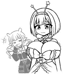 Rule 34 | 2girls, alternate breast size, bow, bowtie, breast conscious, breasts, brooch, choker, dizzy dokuro, double bun, dress, dress bow, fingerless gloves, flat envy, frilled dress, frills, gloves, hair bun, hairband, ink (inksgirls), jelly hoshiumi, jewelry, large breasts, laughing, long hair, motion lines, multiple girls, open mouth, phase connect, pointy ears, short hair, sketch, star (symbol), tearing up, virtual youtuber, wavy mouth