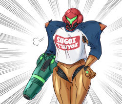 Rule 34 | 1girl, puff of air, arm cannon, armor, clothes writing, commentary request, covered eyes, covered face, cowboy shot, emphasis lines, facing viewer, green-tinted eyewear, hand on own hip, helmet, legs together, long sleeves, meme attire, metroid, nintendo, orange armor, power suit, raglan sleeves, red helmet, samus aran, shirt, simple background, sleeves pushed up, solo, standing, sugoi dekai, t-shirt, tinted eyewear, torn clothes, visor, wakaba (wata ridley), weapon, white background, white shirt