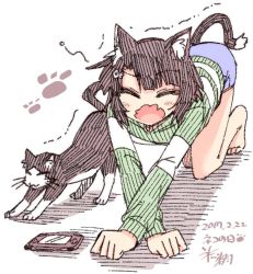 Rule 34 | 1girl, 2017, all fours, animal ears, black hair, blue shorts, blush, cat, cat day, cat ears, cat stretch, cat tail, dated, closed eyes, fang, fish hair ornament, green sweater, hair ornament, hairclip, handheld game console, hikawa shou, hood, hooded sweater, kemonomimi mode, long sleeves, mii-chan, official art, open mouth, paw print, shinozaki-san ki wo otashikani, short hair, short shorts, shorts, signature, simple background, solo, stretching, sweater, tail, whiskers, white background, yawning