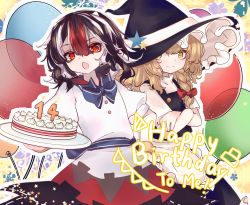 Rule 34 | 2girls, apron, black hair, blonde hair, blue neckwear, bow, braid, cake, cone horns, dress, everyda74953177, food, happy birthday, hat, hat bow, highres, horns, kijin seija, kirisame marisa, looking at viewer, multicolored hair, multiple girls, open mouth, puffy short sleeves, puffy sleeves, red eyes, red hair, short hair, short sleeves, single braid, smile, streaked hair, touhou, waist apron, witch hat, yellow eyes