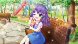 Rule 34 | 1girl, aged down, aqua eyes, bench, blue hair, bow, child, day, dot nose, film grain, food, food on face, from side, fruit, game cg, hair bow, holding, holding ice cream cone, honjou kasumi, ice cream cone, izumi tsubasu, ladder, lens flare, looking at viewer, medium hair, non-web source, official art, on bench, one eye closed, open mouth, orange bow, outdoors, overall skirt, park, park bench, pink shirt, playground, re:stage!, shirt, short sleeves, sitting, slide, smile, solo, sparkle, stone walkway, strawberry, swing set, tree, waffle cone
