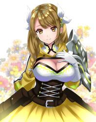 Rule 34 | 1girl, belt, blush, breasts, brown belt, brown hair, cleavage, commentary request, corset, earrings, fire emblem, fire emblem engage, gloves, goldmary (fire emblem), hair ribbon, hand on own chest, highres, jewelry, kakiko210, large breasts, long hair, looking at viewer, nintendo, ribbon, skirt, smile, solo, upper body, white gloves, white ribbon, yellow eyes, yellow skirt
