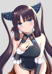 Rule 34 | 1girl, absurdres, bare shoulders, black dress, blue eyes, blunt bangs, blush, breasts, china dress, chinese clothes, cleavage, closed mouth, collarbone, detached sleeves, dress, fate/grand order, fate (series), hair ornament, hand on own chest, highres, leaning forward, long hair, looking at viewer, medium breasts, pipin try, purple hair, side slit, sidelocks, smile, solo, thighs, twintails, very long hair, yang guifei (fate), yang guifei (second ascension) (fate)