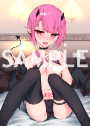 Rule 34 | 1girl, :d, bad id, bad pixiv id, bare shoulders, bed sheet, black choker, black panties, black wings, blurry, blurry background, blush, bow, bow panties, breasts, censored, choker, cleavage, collarbone, commentary request, demon girl, demon horns, demon tail, demon wings, depth of field, detached sleeves, fang, heart, heart censor, horns, kanju, navel, nose blush, open mouth, original, panties, pink hair, pointy ears, pubic tattoo, red eyes, sample watermark, short hair, single detached sleeve, small breasts, smile, solo, tail, tattoo, underwear, watermark, wings