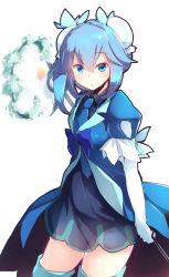Rule 34 | 1girl, absurdres, aromage rosemary, asymmetrical hair, blue bow, blue eyes, blue hair, blue necktie, bow, bun cover, commentary request, double bun, duel monster, elbow gloves, gloves, hair between eyes, hair bun, highres, kanzakietc, long hair, looking at viewer, necktie, puffy short sleeves, puffy sleeves, short sleeves, side ponytail, simple background, solo, staff, white background, white gloves, yu-gi-oh!