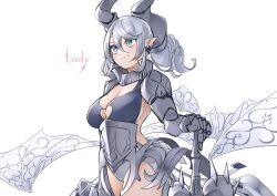 Rule 34 | 1girl, armor, armored leotard, breasts, brown hair, cleavage, crowd, demon wings, duel disk, duel monster, grey eyes, grey hair, highres, holding, holding sword, holding weapon, horns, lady labrynth of the silver castle, lovely labrynth of the silver castle, low wings, medium breasts, meshida (lux-far-accelerator), pointy ears, sword, tagme, transparent wings, weapon, wings, yu-gi-oh!