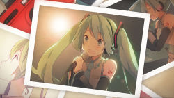 Rule 34 | 1girl, 39, bad id, bad pixiv id, camera, detached sleeves, closed eyes, green eyes, green hair, hatsune miku, matching hair/eyes, microphone, music, necktie, open mouth, ousaka nozomi, photo (object), singing, solo, twintails, vocaloid