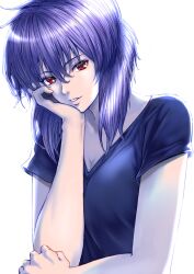 Rule 34 | 1girl, black shirt, breasts, cleavage, ghost in the shell, hair between eyes, head rest, highres, kaijin-m, kusanagi motoko, light smile, looking at viewer, medium breasts, parted lips, purple hair, red eyes, shirt, short hair, short sleeves, solo, t-shirt, upper body, white background