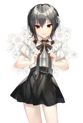 Rule 34 | 1girl, black bow, black bowtie, black hair, black skirt, bow, bowtie, commentary, floral background, flower, hair ribbon, hairband, highres, looking at viewer, nail polish, off-shoulder shirt, off shoulder, open mouth, original, red eyes, red nails, ribbon, shirt, short sleeves, skirt, smile, solo, symbol-only commentary, white background, white flower, white hairband, white ribbon, white shirt, yuhi (hssh 6)