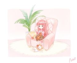 Rule 34 | 1girl, blush, brown eyes, brown skirt, carpet, cat, commentary, couch, english commentary, indoors, knitting, long hair, miracle nikki, momo (miracle nikki), nikki (miracle nikki), official art, on couch, orange scarf, pink footwear, pink hair, pink sweater, plant, potted plant, scarf, shining nikki, signature, skirt, socks, sweater, wall, white cat, yellow cloak