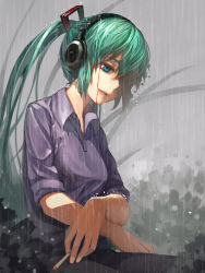Rule 34 | 1girl, absurdres, aqua hair, bad id, bad pixiv id, blood, bloody tears, blue eyes, cigarette, hair over one eye, hatsune miku, headphones, highres, long hair, lu ying, parted lips, rain, ringed eyes, sleeves rolled up, solo, twintails, vocaloid, x arms