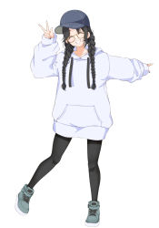 Rule 34 | 1girl, :d, black hair, black hat, black pantyhose, blue nails, braid, brown-framed eyewear, closed eyes, drawstring, facing viewer, full body, glasses, grey footwear, grin, hat, highres, hood, hoodie, idolmaster, idolmaster shiny colors, leg up, long hair, long sleeves, mitsumine yuika, nail polish, open mouth, outstretched arm, pantyhose, parted lips, shoes, simple background, smile, sneakers, solo, standing, standing on one leg, tsunakanten, twin braids, v, white background, white hoodie