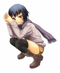 Rule 34 | blue hair, blush, boots, frown, napori, scarf, short hair, shorts, simple background, solo, squatting, thighhighs, white background