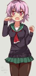 Rule 34 | 10s, 1girl, black pantyhose, black sweater, blush, breasts, commentary request, fang, green skirt, grey background, kantai collection, miniskirt, neckerchief, open mouth, pantyhose, paw pose, pink hair, red eyes, red neckerchief, school uniform, serafuku, short hair, simple background, skirt, solo, sweater, tama (kancolle), twitter username, wahiko (black bastard)