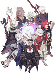 Rule 34 | 3girls, 5boys, ahoge, alisaie leveilleur, alphinaud leveilleur, animal ears, armor, warrior of light (ff14), blue eyes, boots, breastplate, breasts, byuub, cat ears, cat girl, cat tail, choker, commentary, dress, elezen, elf, english commentary, estinien varlineau, eyes visible through hair, final fantasy, final fantasy xiv, full body, g&#039;raha tia, gloves, goggles, goggles on head, green eyes, grey eyes, grey hair, gun, hair between eyes, hair over one eye, highres, holding, holding staff, jacket, long sleeves, looking at viewer, medium breasts, miqo&#039;te, multiple boys, multiple girls, paper, parted lips, plate armor, pointy ears, polearm, ponytail, rabbit ears, rabbit girl, red eyes, red hair, scarf, short hair, shorts, shoulder armor, shoulder spikes, simple background, sitting, slit pupils, smile, spikes, staff, standing, tail, teeth, thancred waters, thigh boots, thighhighs, urianger augurelt, viera, weapon, white background, white hair, y&#039;shtola rhul