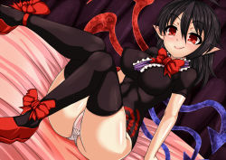 Rule 34 | 1girl, ahoge, asymmetrical wings, bed, bed sheet, black dress, black hair, black thighhighs, bow, bowtie, breasts, cameltoe, closed mouth, covered erect nipples, dress, dutch angle, houjuu nue, large breasts, leg up, lips, microdress, n (dai n honpo), on bed, panties, pointy ears, red bow, red bowtie, red eyes, red footwear, shoes, short hair, sitting, skin tight, smile, solo, thighhighs, thighs, touhou, underwear, white panties, wings