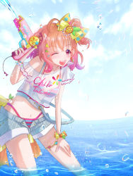 Rule 34 | 1girl, ;), a chika-tastic summer (love live!), alternate hairstyle, antenna hair, artist name, artist request, bare legs, bare shoulders, bikini, bikini under clothes, blue pants, blue shorts, blue sky, blush, bow, bracelet, braid, breasts, bridal garter, cleavage, clothes writing, cloud, collarbone, day, earrings, female focus, food-themed hair ornament, hair bow, hair ornament, hairclip, halterneck, hand on own knee, heart (symbol), highres, holding, holding water gun, jewelry, looking at viewer, love live!, love live! school idol festival, love live! school idol festival all stars, love live! sunshine!!, medium hair, ocean, off-shoulder shirt, off shoulder, one eye closed, open fly, orange bow, orange hair, orange hair ornament, outdoors, pants, parted bangs, parted lips, pearl bracelet, pink bikini, polka dot, polka dot bow, ponytail, red eyes, ribbon, see-through, see-through shirt, see-through sleeves, shirt, short hair, short sleeves, shorts, side braid, side ponytail, single braid, sky, small breasts, smile, solo, strap slip, striped bikini, striped bow, striped clothes, striped pants, striped shorts, striped tank top, suspenders, suspenders hanging, swimsuit, takami chika, tank top, teeth, thighlet, triangle hair ornament, two-tone bikini, v-shaped eyebrows, vertical-striped clothes, vertical-striped shorts, water gun, wink, wrist bow, yellow bow, yellow ribbon