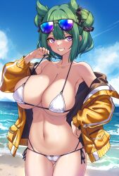 Rule 34 | 1girl, armpits, bakuon!!, bikini, blue sky, breasts, cameltoe, cleavage, cloud, cloudy sky, commentary, commentary request, commission, day, double bun, eyewear on head, gluteal fold, green hair, hair bun, hand on own hip, highres, jacket, large breasts, long sleeves, looking at viewer, navel, ocean, off shoulder, orange jacket, outdoors, pocket, purple eyes, rin monyan, sand, shirokuma a, skeb commission, sky, smile, standing, sunglasses, swimsuit, teeth, white bikini