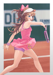 Rule 34 | 1girl, a-soul, absurdres, armpits, bare legs, bare shoulders, blue eyes, blurry, blurry background, bow, brown hair, chuck (harfmoondark), diana (a-soul), dress, flying sweatdrops, hair between eyes, hair blowing, hair bow, highres, holding, holding racket, looking ahead, messy hair, mole, mole on armpit, open mouth, outstretched arms, pink dress, ponytail, purple shorts, racket, shorts, shorts under skirt, skirt, sportswear, sweat, swinging, tennis court, tennis racket, thighs, virtual youtuber, visor cap, wrist cuffs