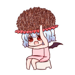 Rule 34 | 1girl, :d, arms up, bare arms, bare legs, bare shoulders, barefoot, batta (ijigen debris), blue hair, blush, chibi, commentary request, fang, food, hat, looking at viewer, naked towel, nattou, open mouth, red eyes, remilia scarlet, short hair, simple background, sitting, smile, solo, stool, touhou, towel, white background, wings