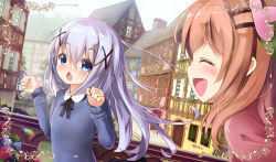 Rule 34 | 2girls, :d, ^^^, ^ ^, blue eyes, blush, brown hair, closed eyes, dutch angle, facing another, floating hair, flower, gochuumon wa usagi desu ka?, hair between eyes, hair flower, hair ornament, hairclip, highres, hoto cocoa, kafuu chino, long hair, looking at another, missile228, multiple girls, nose blush, open mouth, outdoors, silver hair, smile, town, wavy mouth, x hair ornament