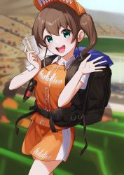 Rule 34 | 1girl, :d, absurdres, back, baseball cap, blue eyes, blush, brown hair, clothes writing, collared shirt, commentary request, cowboy shot, cup, hands up, hat, highres, holding, holding cup, hololive, looking at viewer, medium hair, natsuiro matsuri, nemoto yuuma, open mouth, orange headwear, orange shirt, orange shorts, shirt, short sleeves, shorts, side ponytail, smile, solo focus, standing, virtual youtuber