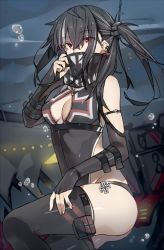 Rule 34 | 1girl, air bubble, azur lane, bandana, bandana over mouth, bare shoulders, black bandana, black hair, black one-piece swimsuit, black panties, black thighhighs, breasts, bridal gauntlets, bubble, center opening, cleavage, covered mouth, cross, earrings, eyes visible through hair, fingernails, groin, hair between eyes, hand up, iron cross, jewelry, long hair, looking at viewer, medium breasts, multicolored hair, one-piece swimsuit, one side up, outdoors, panties, red eyes, shirotae moyashi, sidelocks, silver hair, solo, streaked hair, swimsuit, thighhighs, u-47 (azur lane), underwater, underwear, water